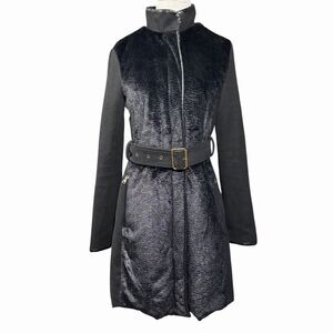 Celsius Premium Women’s M Black Wool Blend Coat Belted Faux Fur Gold Tone Warm